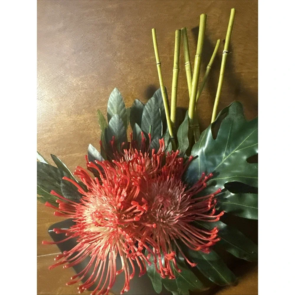 Protea Asian Inspired Tropical silk flowers Red/Orange Artificial in Black Plant